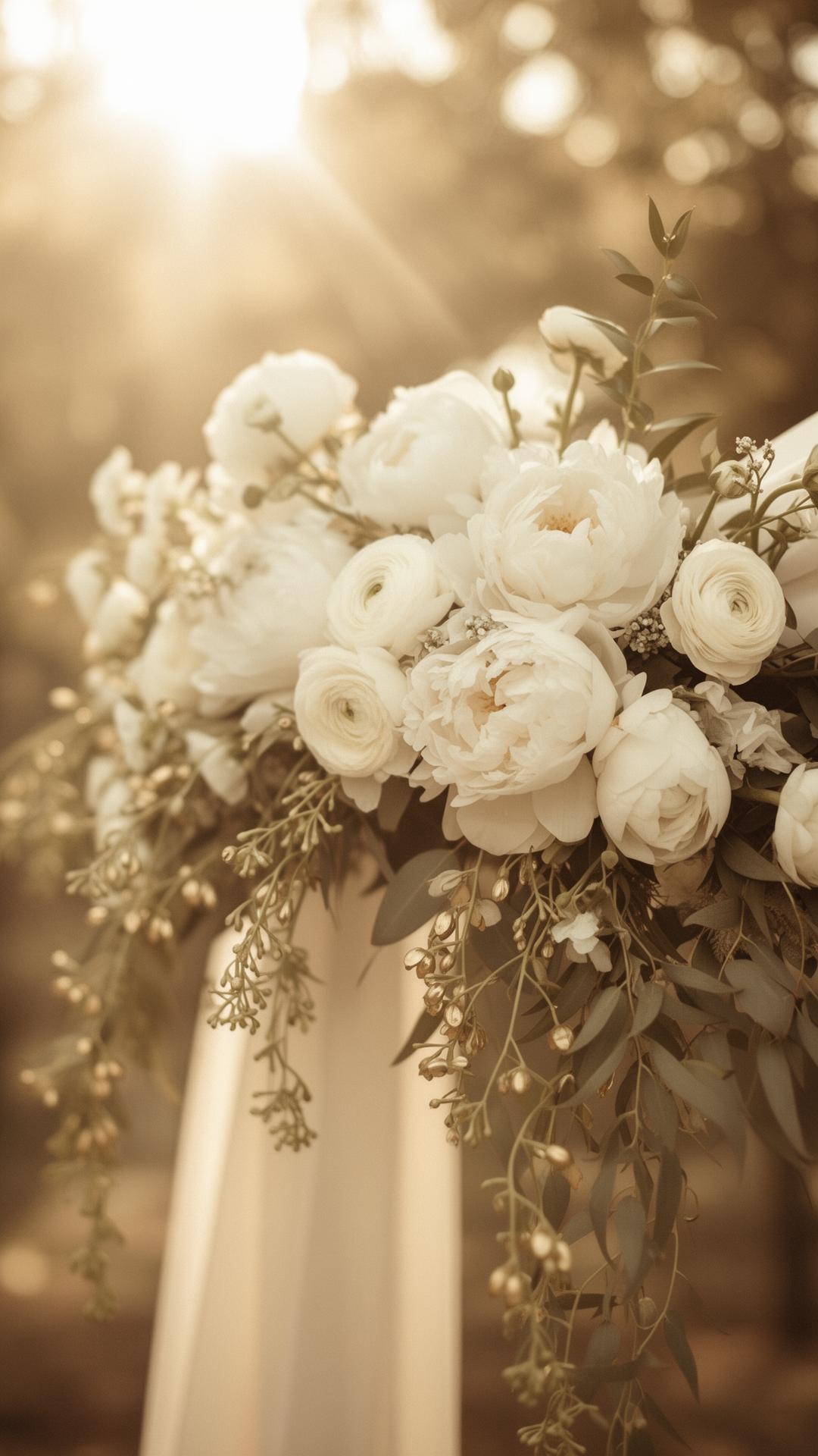 Soft cream peonies and trailing greenery under warm light
